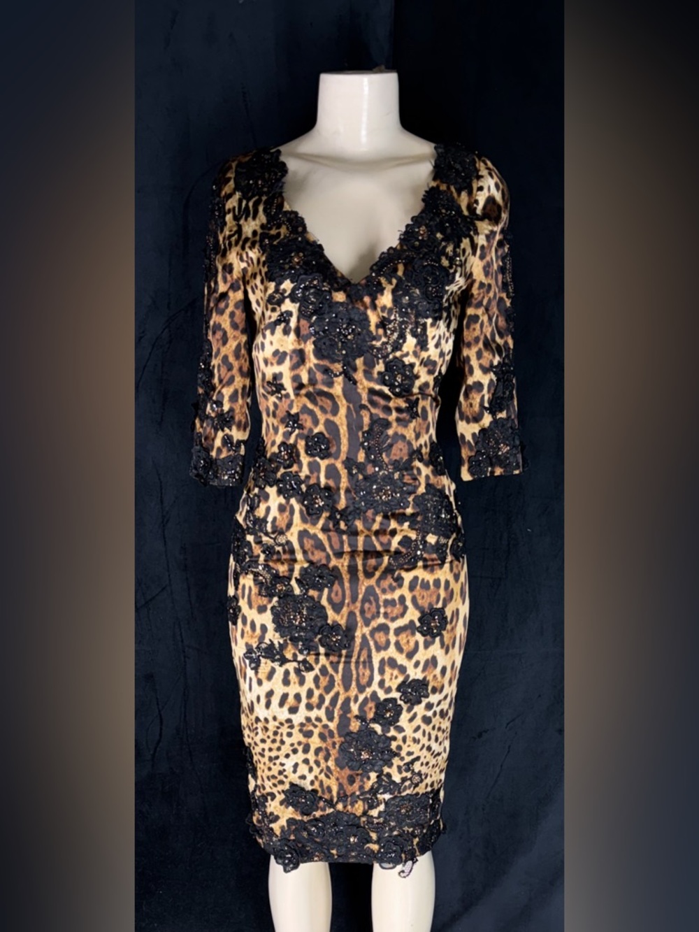Leopard Print Lace-Embellished V-Neck Dress